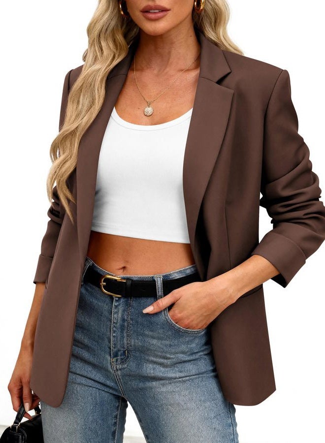 KIRUNDO Blazers for Women Business Casual Long Sleeve Open Front Lapel Suit Jackets Office Work Blazer Pockets Fall Clothes, Brown, S - Image 4