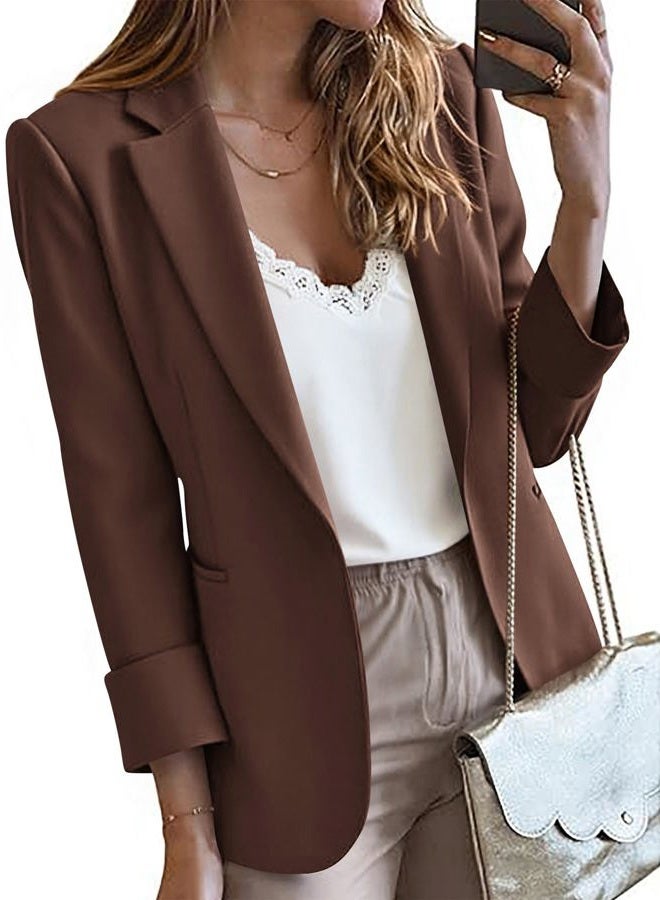 KIRUNDO Blazers for Women Business Casual Long Sleeve Open Front Lapel Suit Jackets Office Work Blazer Pockets Fall Clothes, Brown, S - Image 1