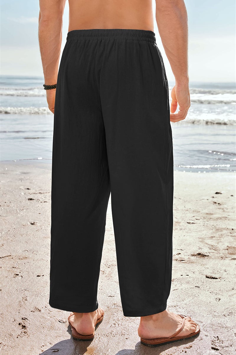 Gafeng Mens Linen Yoga Pants Elastic Waist Drawstring Summer Beach Loose Fit Casual Tapered Trousers Black - Image 3