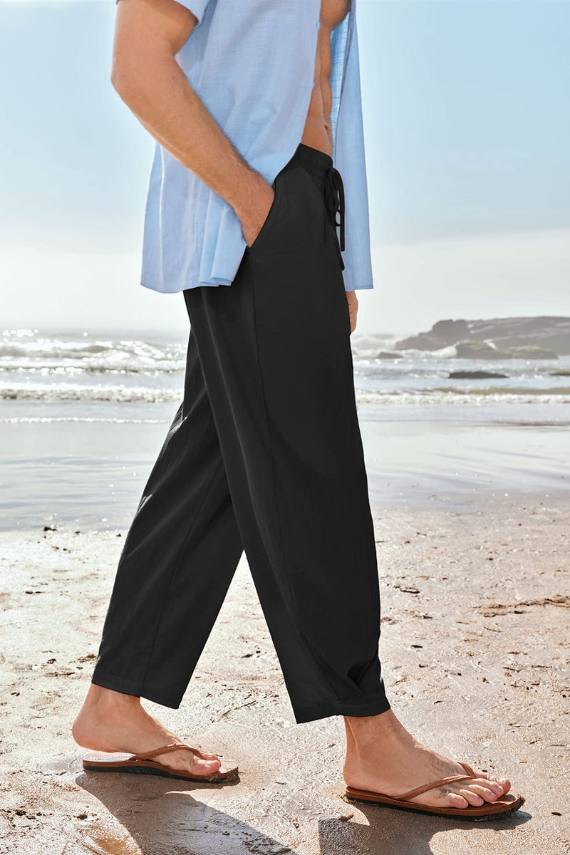 Gafeng Mens Linen Yoga Pants Elastic Waist Drawstring Summer Beach Loose Fit Casual Tapered Trousers Black - Image 2