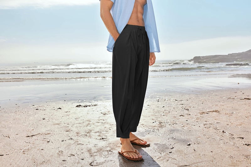 Gafeng Mens Linen Yoga Pants Elastic Waist Drawstring Summer Beach Loose Fit Casual Tapered Trousers Black - Image 4
