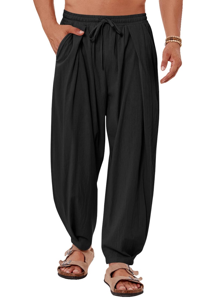 Gafeng Mens Linen Yoga Pants Elastic Waist Drawstring Summer Beach Loose Fit Casual Tapered Trousers Black - Image 1