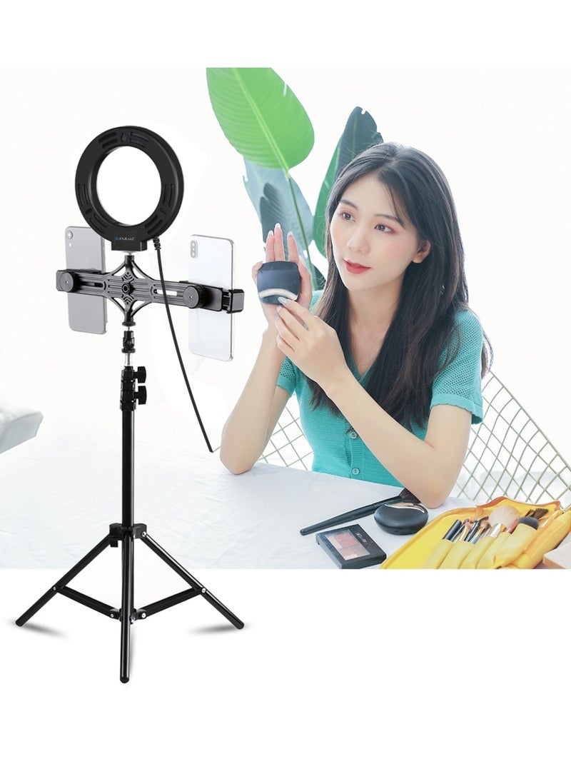 6.2 Inch/16cm Selfie Vlogging Ring Vedio Light Live Broadcast Kit With Adjustable Tripod Stand 42 Inch Equipped With 2 Cell Phone Holders Black