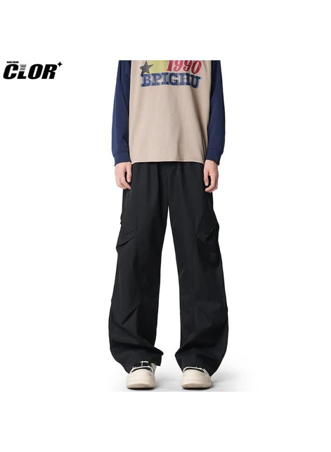 Clor Men's American Style Pleated Pants Spring Autumn Loose Casual Breathable Sports Cargo Pants Cl94 Black M - Image 1