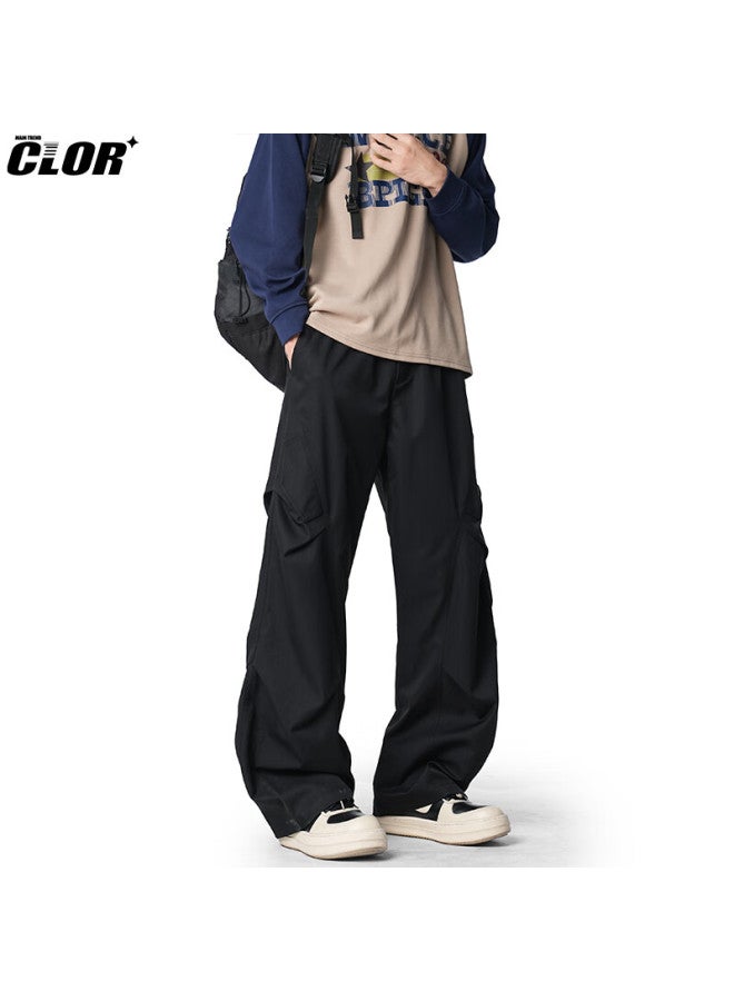 Clor Men's American Style Pleated Pants Spring Autumn Loose Casual Breathable Sports Cargo Pants Cl94 Black M - Image 3