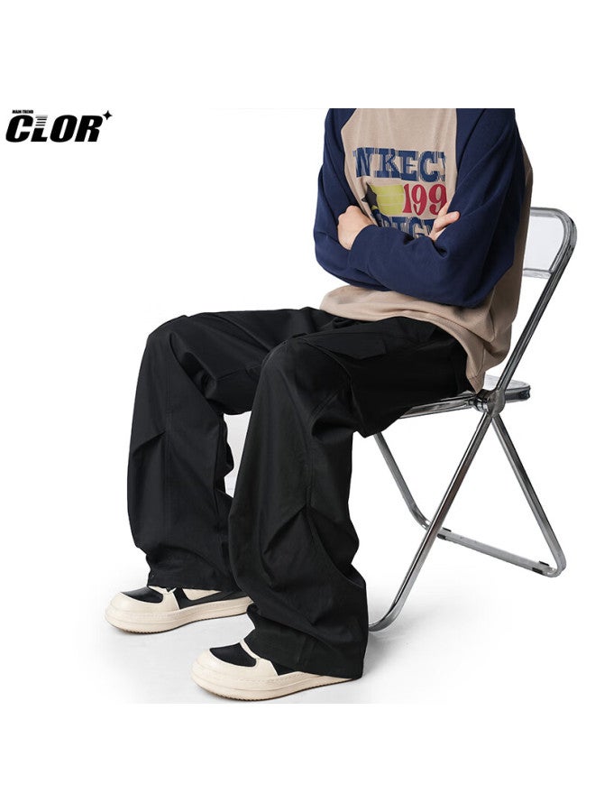 Clor Men's American Style Pleated Pants Spring Autumn Loose Casual Breathable Sports Cargo Pants Cl94 Black M - Image 5
