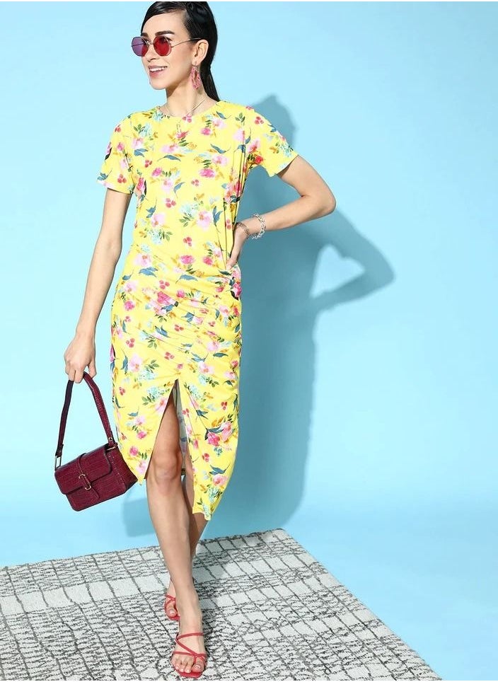 WOMEN YELLOW FLORAL SIDE RUCHED DRESS - pzsku/Z11B44D3B6D1B7A8CA1EFZ/45/_/1677425107/42899c6c-6383-45f5-ad6a-6b8f7bf35fc9