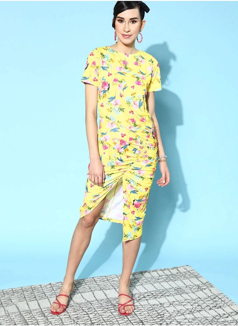 SASSAFRAS WOMEN YELLOW FLORAL SIDE RUCHED DRESS  - Image 1