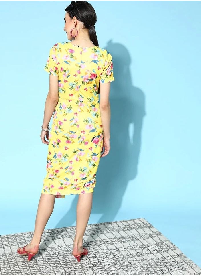 WOMEN YELLOW FLORAL SIDE RUCHED DRESS - pzsku/Z11B44D3B6D1B7A8CA1EFZ/45/_/1677425179/cea33b74-9ea6-4489-8ed8-bd7f9b5d716c