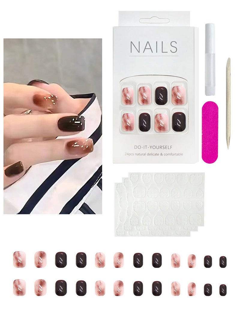 24 Pcs Fake Nail Tip Set Nail Art Design for Salons and DIY with 72 Pcs Nail Adhesive Glue Tapes - Image 1