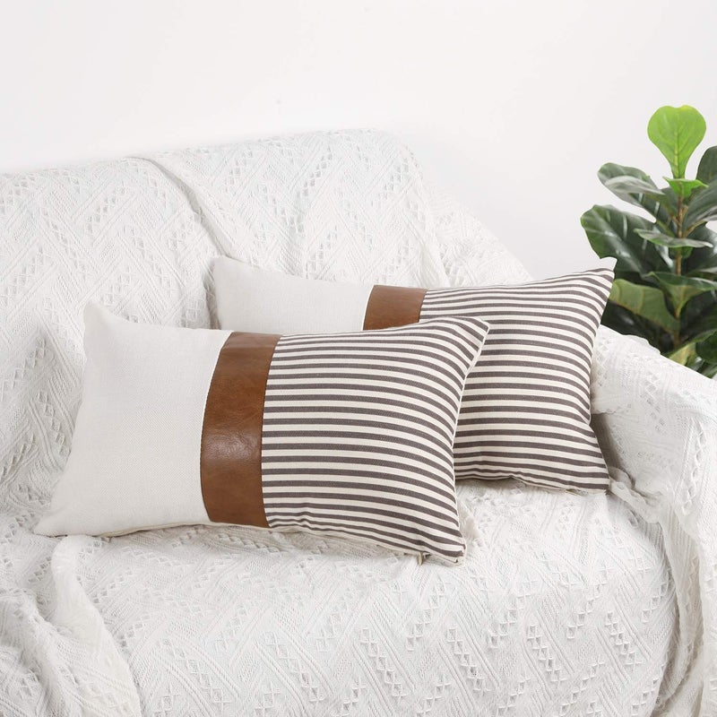cygnus 12x20 Pillow Covers Set of 2 Farmhouse Decor Stripe Patchwork Linen Throw Lumbar Pillow Covers Modern Faux Leather Covers for Couch Sofa Gray