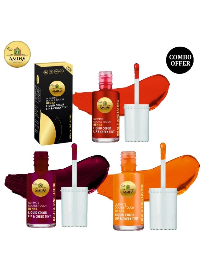 Amina Ultimate Double Touch Combo Of Maroon, Orange, Cherry Red First Ever Henna / Mehendi Base Liquid Lip & Cheek Long Lasting Tint (Pack Of 3) - Image 1