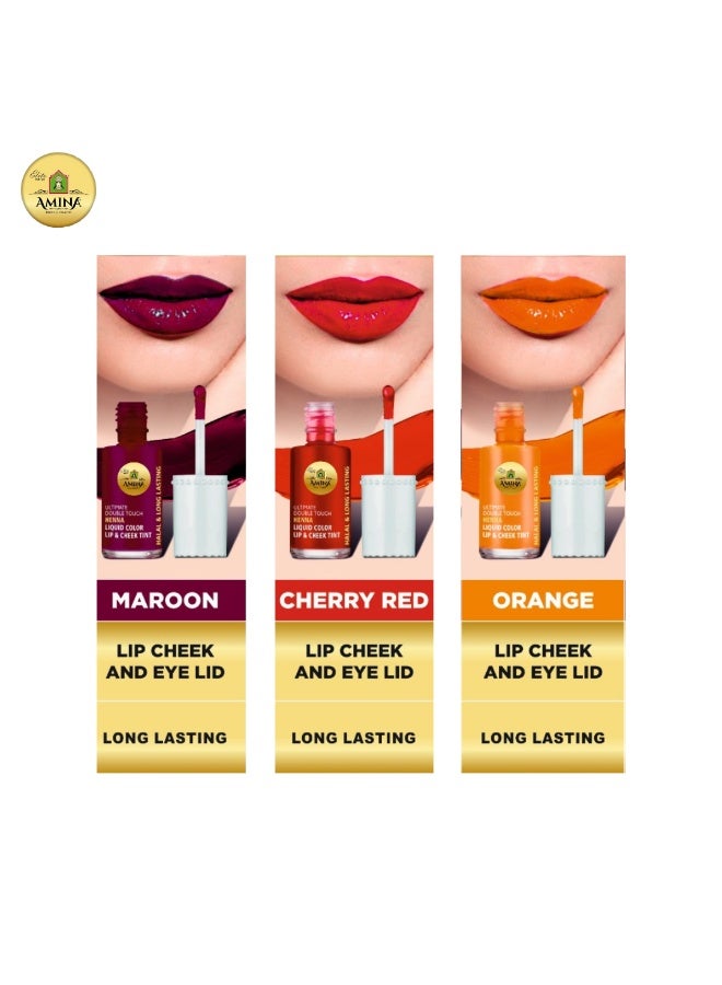 Amina Ultimate Double Touch Combo Of Maroon, Orange, Cherry Red First Ever Henna / Mehendi Base Liquid Lip & Cheek Long Lasting Tint (Pack Of 3) - Image 2