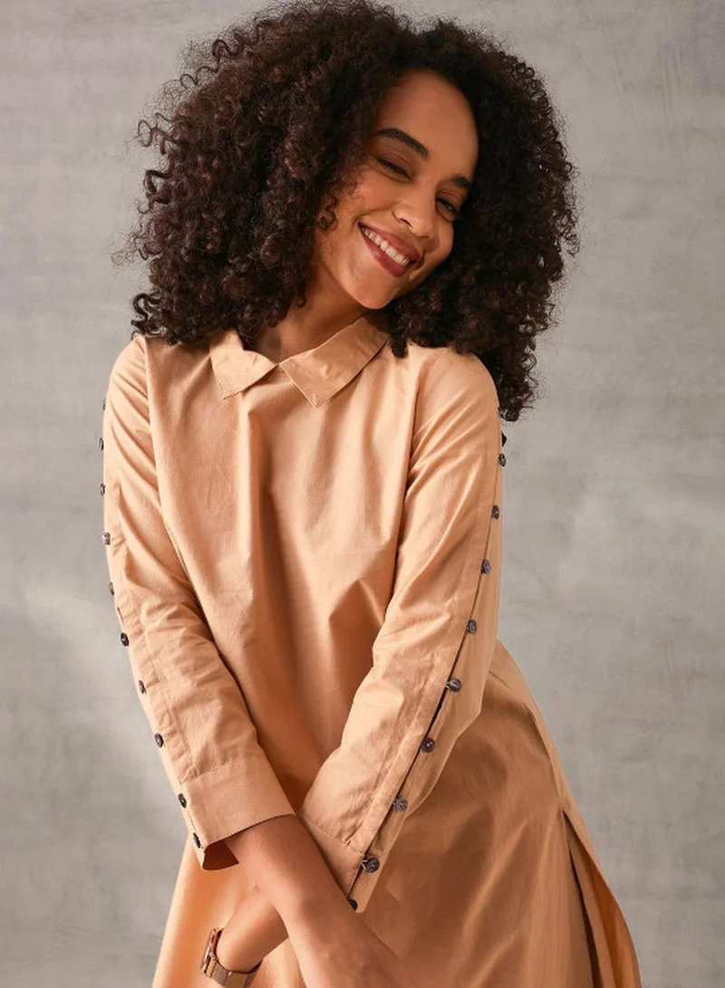 آي شين Women's Beige Poplin Solid Tunic Upper With Full Palazzo Straight Fit Co-Ords