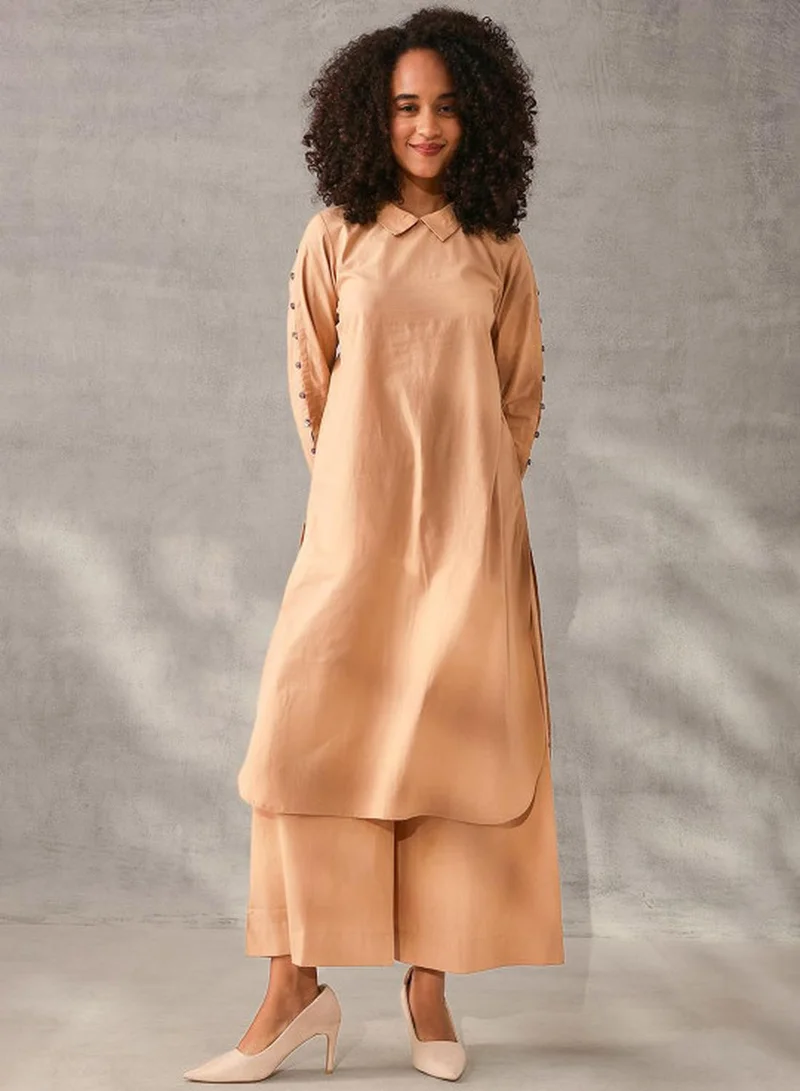 آي شين Women's Beige Poplin Solid Tunic Upper With Full Palazzo Straight Fit Co-Ords