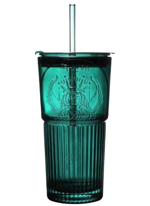 Glass Cup for Hot and Cold Drinks with Lid and Straw 600ml-Green