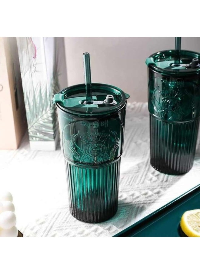 Generic - Glass Cup for Hot and Cold Drinks with Lid and Straw 600ml-Green - Image 1