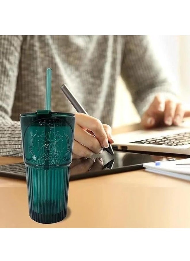 Generic - Glass Cup for Hot and Cold Drinks with Lid and Straw 600ml-Green - Image 1