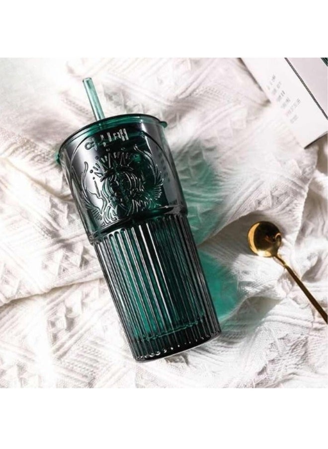 Generic - Glass Cup for Hot and Cold Drinks with Lid and Straw 600ml-Green - Image 1