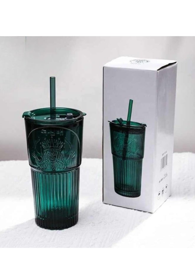 Generic - Glass Cup for Hot and Cold Drinks with Lid and Straw 600ml-Green - Image 1