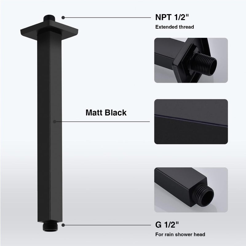 Matte Black Shower Arm with Flange 12 Inch Replacement Extension Pipe Stainless Steel Rainfall Shower Head Extender Arm, Square Shaped - Image 3