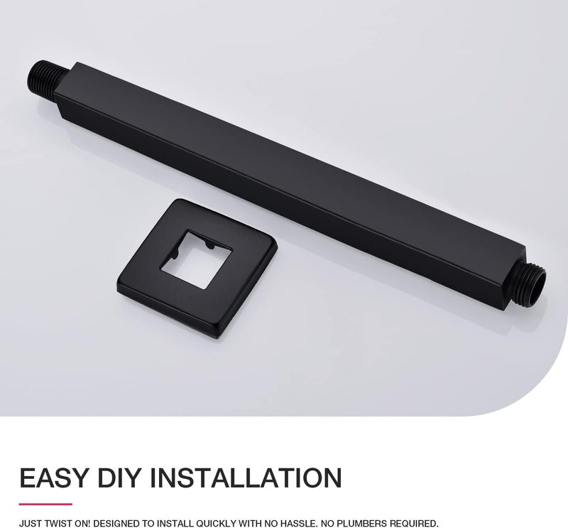 Matte Black Shower Arm with Flange 12 Inch Replacement Extension Pipe Stainless Steel Rainfall Shower Head Extender Arm, Square Shaped - Image 5