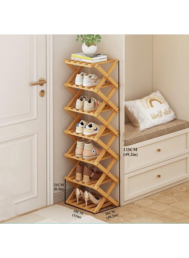 NANAO رف أحذية، رف قابل للطي من الخيزران لمدخل المنزل، خزانة، غرفة نوم، ممر، طبيعي، عملي، متعدد الوظائف (لون الخشب)، 7 طبقات - Image 2