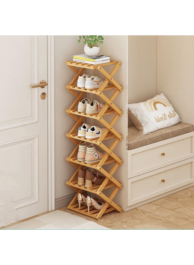 NANAO رف أحذية، رف قابل للطي من الخيزران لمدخل المنزل، خزانة، غرفة نوم، ممر، طبيعي، عملي، متعدد الوظائف (لون الخشب)، 7 طبقات - Image 1