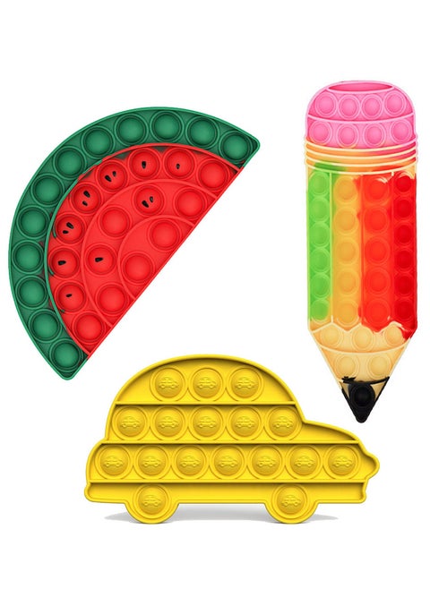 Pop It Bubble Shooter Game Assorted Shapes 3 Pieces Watermelon, Car and Pen Shapes