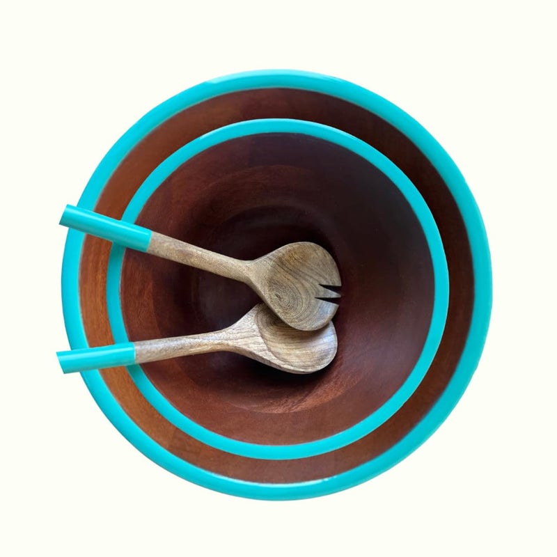 THE EMPTY SPACES Acacia Wooden Salad Bowls with Servers, Mixing & Serving Bowl, Fruit/Snacks/Pasta Bowl with Enamel Detail, Bowl Set for Mixing or Tossing, 2 Bowls & 2 Serving Spoons (Sea Green) - Image 1
