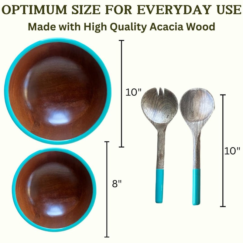 THE EMPTY SPACES Acacia Wooden Salad Bowls with Servers, Mixing & Serving Bowl, Fruit/Snacks/Pasta Bowl with Enamel Detail, Bowl Set for Mixing or Tossing, 2 Bowls & 2 Serving Spoons (Sea Green) - Image 4