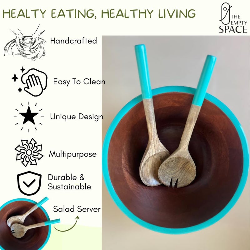 THE EMPTY SPACES Acacia Wooden Salad Bowls with Servers, Mixing & Serving Bowl, Fruit/Snacks/Pasta Bowl with Enamel Detail, Bowl Set for Mixing or Tossing, 2 Bowls & 2 Serving Spoons (Sea Green) - Image 2