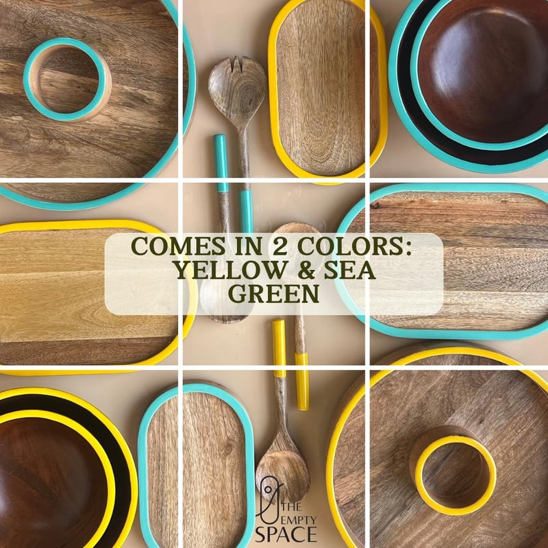 THE EMPTY SPACES Acacia Wooden Salad Bowls with Servers, Mixing & Serving Bowl, Fruit/Snacks/Pasta Bowl with Enamel Detail, Bowl Set for Mixing or Tossing, 2 Bowls & 2 Serving Spoons (Sea Green) - Image 5
