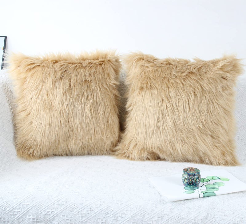 OYIMUA Fluffy Decorative Throw Pillow Covers Beige 18Ã—18, Faux Fur Farmhouse Luxury Pillow Cases,Soft Plush Fuzzy Cushion Covers for Sofa Couch Living Room Bedroom Set of 2 - Image 2