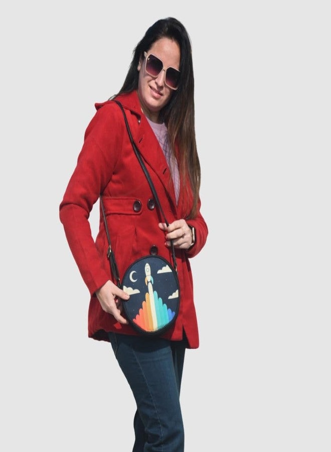 Roundsun Printed Black Canvas Round Sling Bag | Main Zip Closure | Inner Pocket With Zip Closure | Adjustable Strap (Rocket) - Image 3