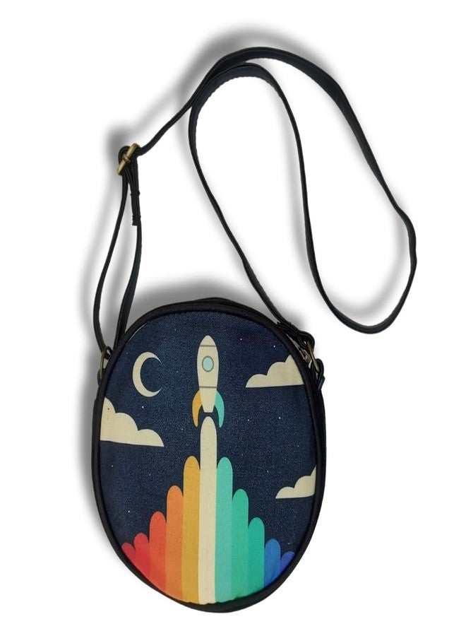 Roundsun Printed Black Canvas Round Sling Bag | Main Zip Closure | Inner Pocket With Zip Closure | Adjustable Strap (Rocket) - Image 1