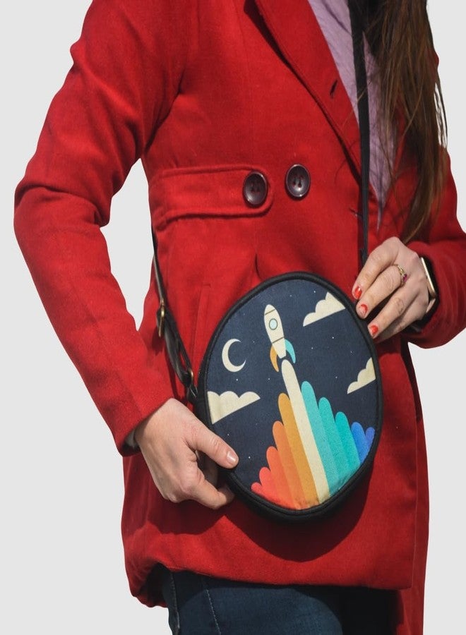 Roundsun Printed Black Canvas Round Sling Bag | Main Zip Closure | Inner Pocket With Zip Closure | Adjustable Strap (Rocket) - Image 2