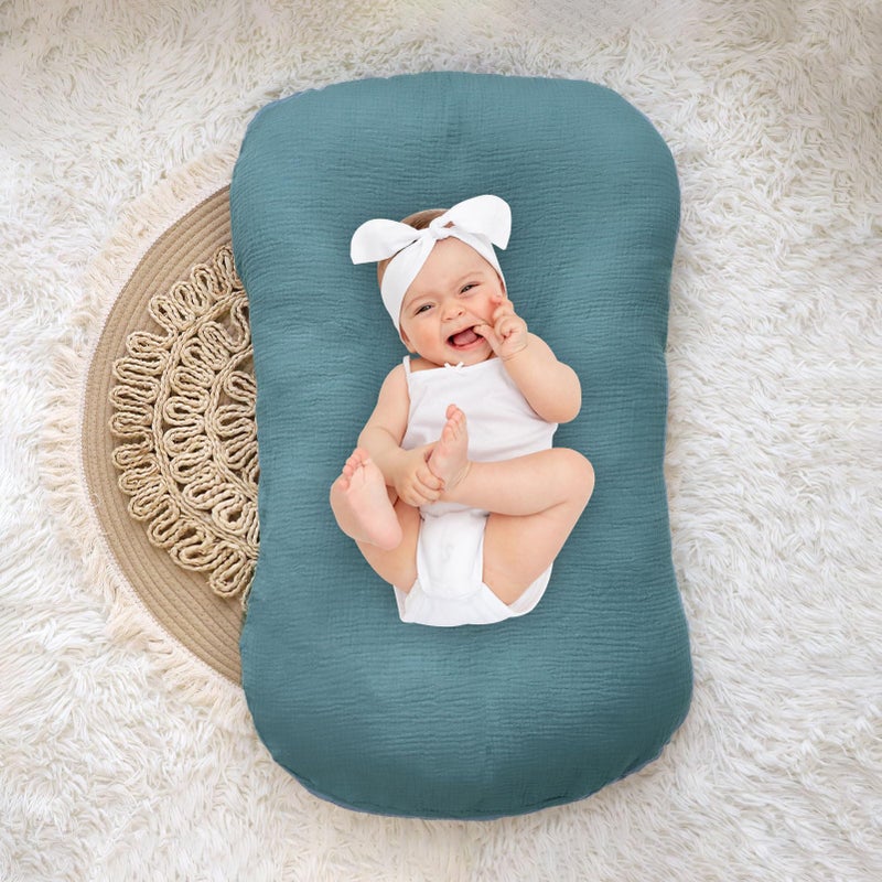 Hooyax Baby Lounger Cover 2 Pack - 100% Muslin Cotton Newborn Lounger Pillow Covers Only, Soft Breathable Infant Lounger Cover with Reinforced Stitching, Fits Most Standard Baby Loungers (Blue Grey) - Image 5