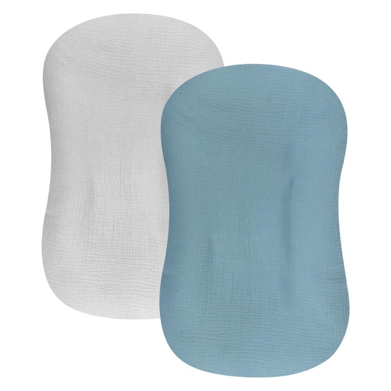 Hooyax Baby Lounger Cover 2 Pack - 100% Muslin Cotton Newborn Lounger Pillow Covers Only, Soft Breathable Infant Lounger Cover with Reinforced Stitching, Fits Most Standard Baby Loungers (Blue Grey) - Image 1
