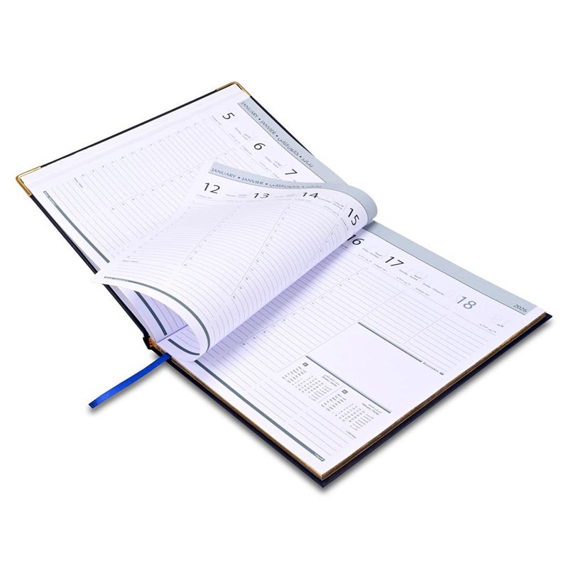 FIS 2026 Golden Executive Diary, 210x260mm, 1 Side Padded Vinyl Cover, Gilded Edges, Golden Corners, 1 Week at a Glance, Arabic/English/French, 70gsm White Paper, Blue Cover-FSDI32AEG26BL - Image 4
