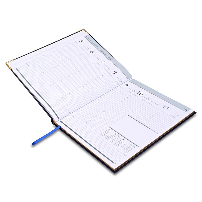 FIS 2026 Golden Executive Diary, 210x260mm, 1 Side Padded Vinyl Cover, Gilded Edges, Golden Corners, 1 Week at a Glance, Arabic/English/French, 70gsm White Paper, Blue Cover-FSDI32AEG26BL - Image 3