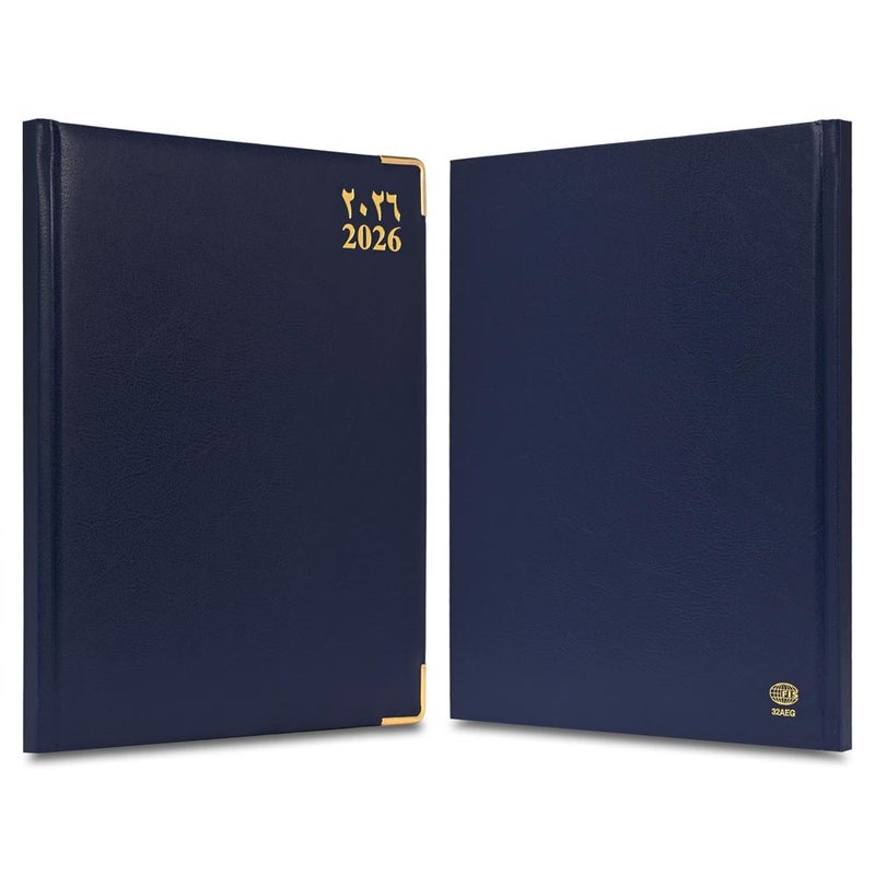 FIS 2026 Golden Executive Diary, 210x260mm, 1 Side Padded Vinyl Cover, Gilded Edges, Golden Corners, 1 Week at a Glance, Arabic/English/French, 70gsm White Paper, Blue Cover-FSDI32AEG26BL - Image 2