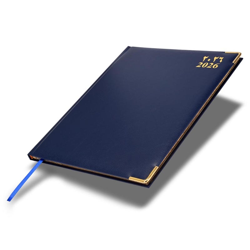 FIS 2026 Golden Executive Diary, 210x260mm, 1 Side Padded Vinyl Cover, Gilded Edges, Golden Corners, 1 Week at a Glance, Arabic/English/French, 70gsm White Paper, Blue Cover-FSDI32AEG26BL - Image 1