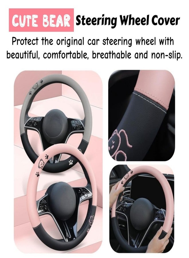 Zigihos 15 Inches Universal Round Leather Car Steering Wheel Cover, Cute Bear Soft Breathable Non-Slip Steering Wheel Protector Wrap (Grey) - Image 5