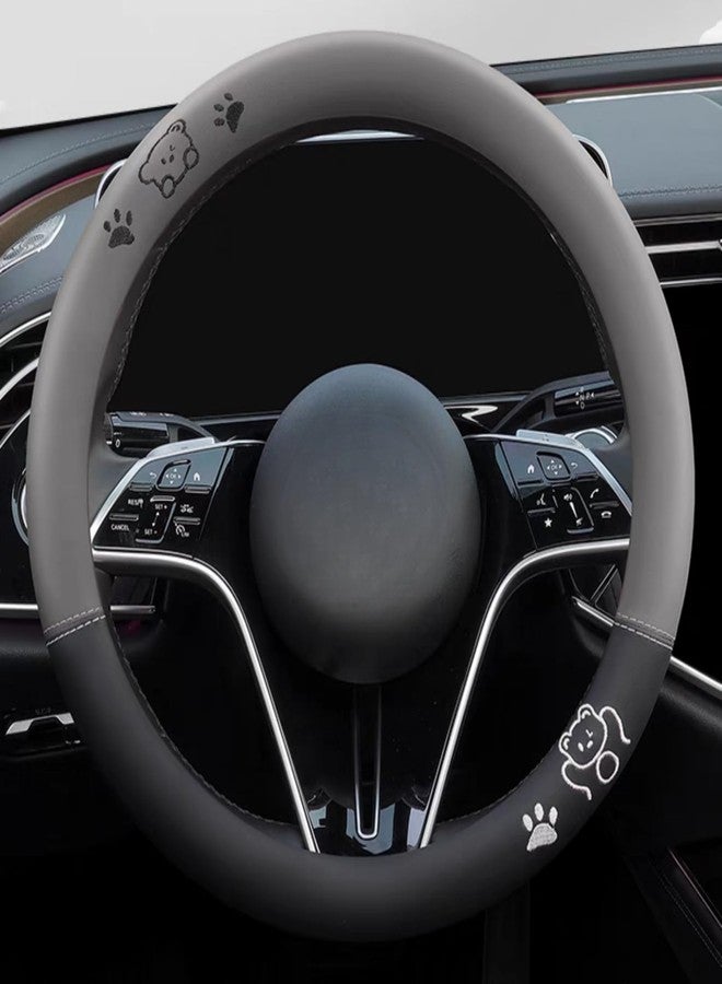 Zigihos 15 Inches Universal Round Leather Car Steering Wheel Cover, Cute Bear Soft Breathable Non-Slip Steering Wheel Protector Wrap (Grey) - Image 1