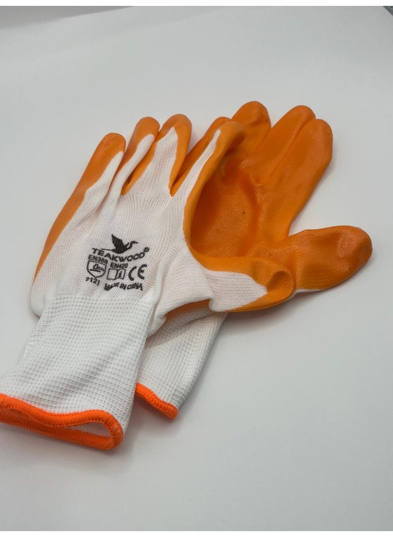 TEAKWOOD Nitrile Coated Industrial Safety Gloves – 1 Pair (Orange & White) - Image 1