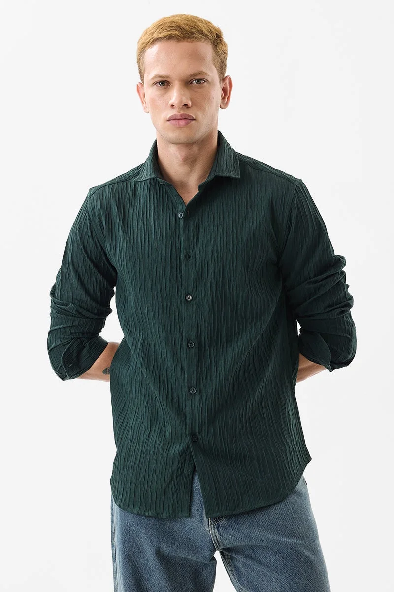 SNITCH Dark Green Textured Long Sleeve Slim Fit Shirt