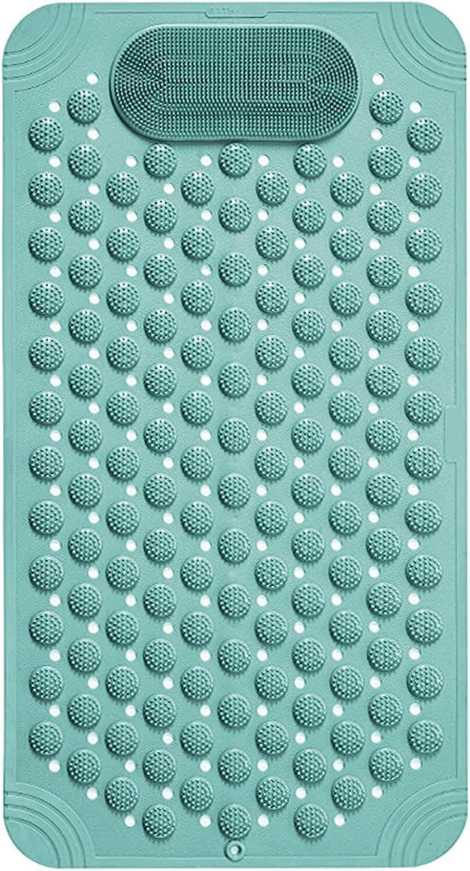 BATH MAT WITH SCRUBBER AND SUCTION CUPS STAY SAFE AND CLEAN IN THE SHOWER OR TUB WITH THIS 2IN1 MAT PERFECT FOR SENSITIVE SKIN AND GREEN