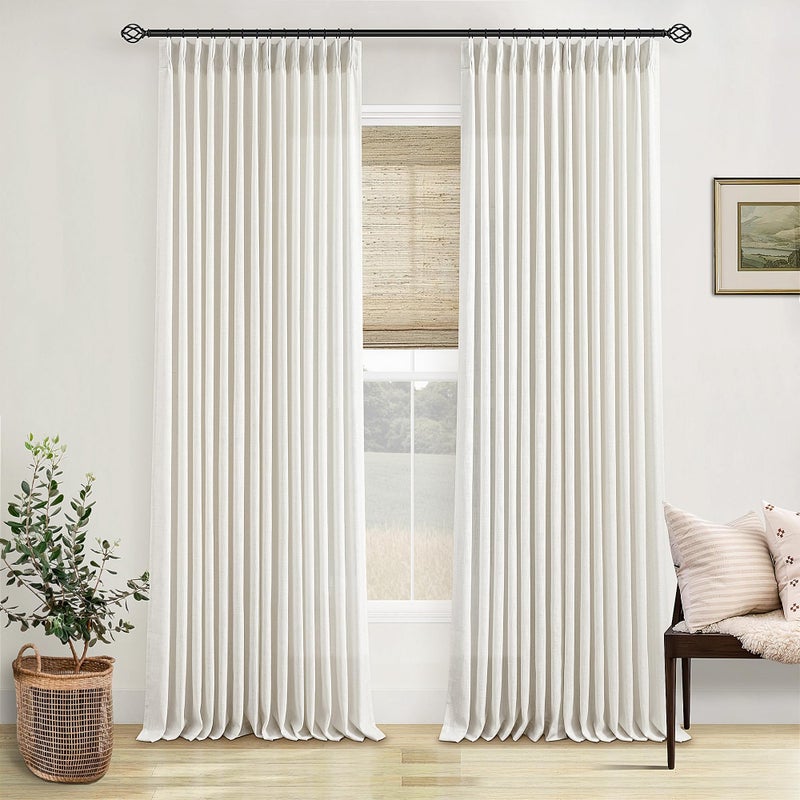 TWODRAPES Pinch Pleated Linen Curtains 108 Inches Long for Living Room 2 Panels Set Cream Ivory Flax Double Pleated Drapes Back Tab Neutral Boho Ceiling Floor 108 Inch Window Curtains Bedroom Natural Birch - Image 1