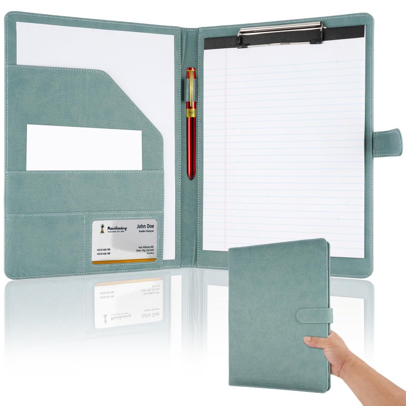 MOWPOG Professional Padfolio with Clipboard, Faux Leather Portfolio Folder Binder, Legal Pad Holder for A4 Letter Size Notepad, Resume, Writing, Ideal Organizer for Business Office Conference (Gray Green) - Image 1